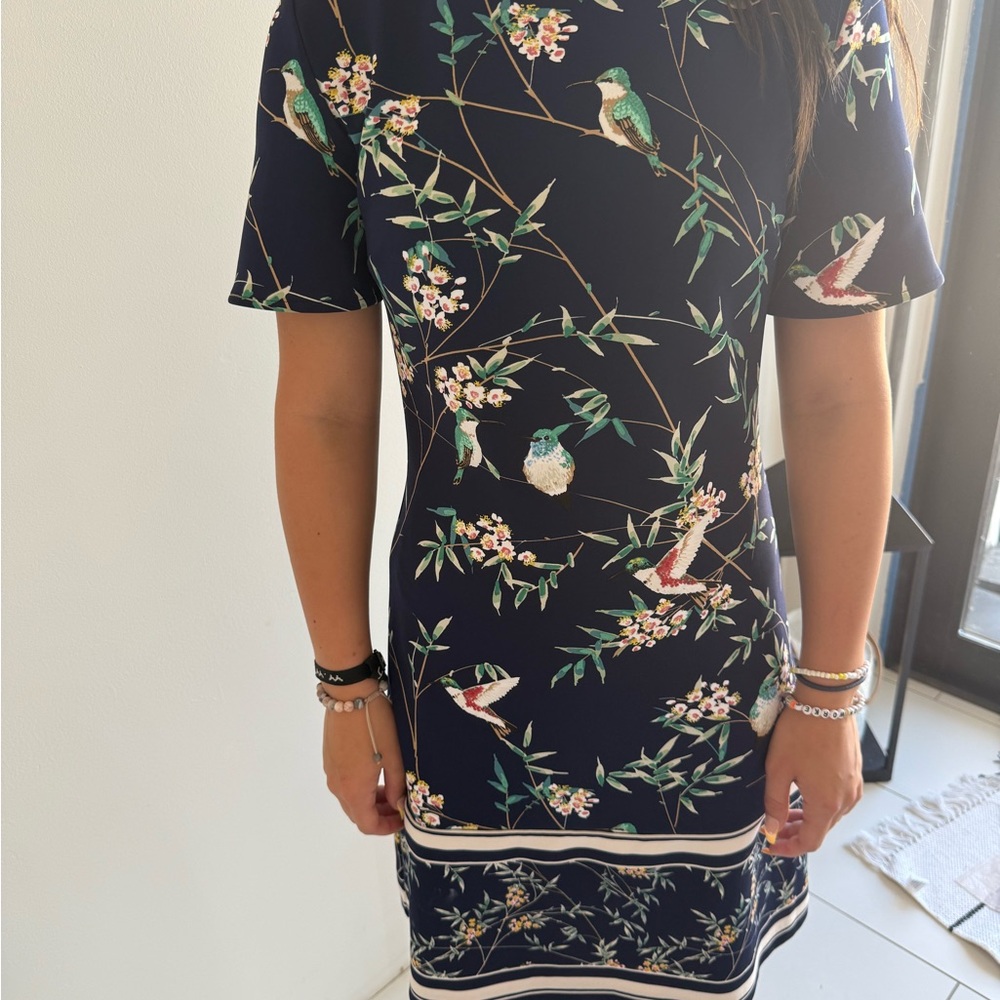 Chic Bird Print Navy Midi Dress